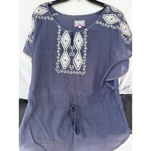 Tracy Reese for Baraschi Embroidered Tunic Blue Gray Lg Boho Festival Peasant